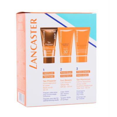 Lancaster Your Legendary Golden Tan Ajándékcsomagok Tan Preparer Body Scrub testradír 50 ml + Sun Beauty Sublime Tan Velvet Milk SPF 30 naptej 50 ml + Tan Maximizer Soothing Moisturizer After Sun napozás utáni krém 50 ml