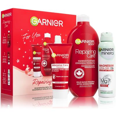 Garnier Repairing Care Gift Set Ajándékcsomagok Repairing Care testápoló tej 400 ml + Intensive Care Repairing Hand Cream kézkrém 100 ml + Mineral Magnesium Ultra Dry 72h dezodor 150 ml