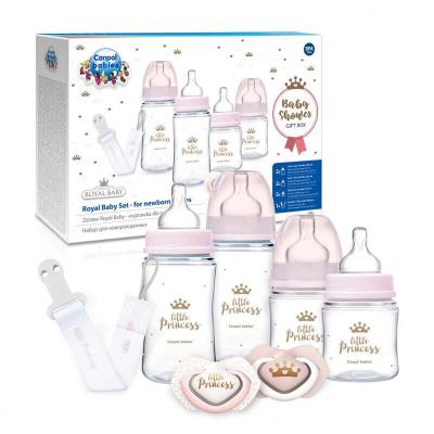 Canpol babies Royal Baby Set Little Princess Ajándékcsomagok EasyStart Anti-Colic cumisüveg 2 x 240 ml + EasyStart Anti-Colic cumisüveg 2 x 120 ml + Light Touch Royal Baby Soother cumi 2 x 0-6m + Royal Baby Soother Clip With Ribbon cumicsipesz 1 db