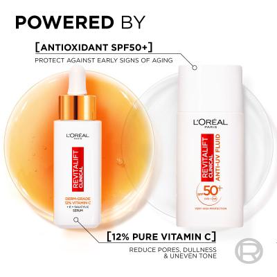 L&#039;Oréal Paris Revitalift Clinical Pure 12% Vitamin C Ajándékcsomagok Revitalift Clinical Vitamin C Serum arcszérum 30 ml + Revitalift Clinical Vitamin C Anti-UV Fluid SPF50 nappali arckrém 50 ml