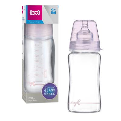 LOVI Baby Shower Glass Bottle Pink 3m+ Cumisüveg gyermekeknek 250 ml