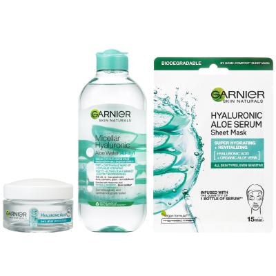 Garnier Skin Naturals Hyaluronic Aloe Ajándékcsomagok Skin Naturals Hyaluronic Aloe Jelly Daily Moisturizing Care nappali arcgél 50 ml + Skin Naturals Micellar Hyaluronic Aloe Water micellás víz 400 ml + Skin Naturals Hyaluronic Aloe Serum Tissue Mask arcmaszk 28 g