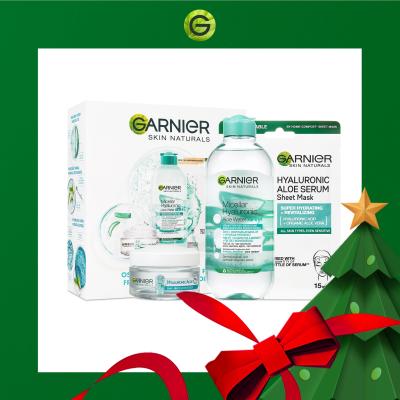 Garnier Skin Naturals Hyaluronic Aloe Ajándékcsomagok Skin Naturals Hyaluronic Aloe Jelly Daily Moisturizing Care nappali arcgél 50 ml + Skin Naturals Micellar Hyaluronic Aloe Water micellás víz 400 ml + Skin Naturals Hyaluronic Aloe Serum Tissue Mask arcmaszk 28 g