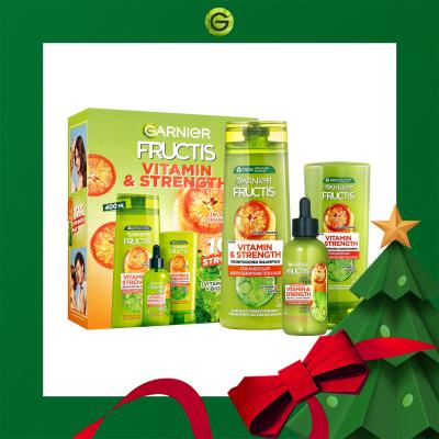 Garnier Fructis Vitamin &amp; Strength Ajándékcsomagok Fructis Vitamin &amp; Strength Reinforcing Shampoo sampon 400 ml + Fructis Vitamin &amp; Strength Reinforcing Conditioner hajkondicionáló 200 ml + Fructis Vitamin &amp; Strength Anti-Fall Treatment hajszérum 125 ml