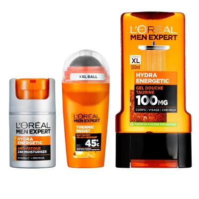 L&#039;Oréal Paris Men Expert Hydra Energetic Ajándékcsomagok Men Expert Hydra Energetic Daily Moisturizer hidratálókrém 50 ml + Men Expert Hydra Energetic tusfürdő 300 ml + Men Expert Thermic Resist Antiperspirant izzadásgátló 50 ml