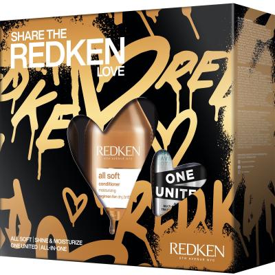 Redken Share The Redken All Soft Love Ajándékcsomagok All Soft Shampoo sampon 300 ml + All Soft Conditioner hajkondicionáló 300 ml + One United All-In-One Multi-Benefit Treatment hajápoló 150 ml