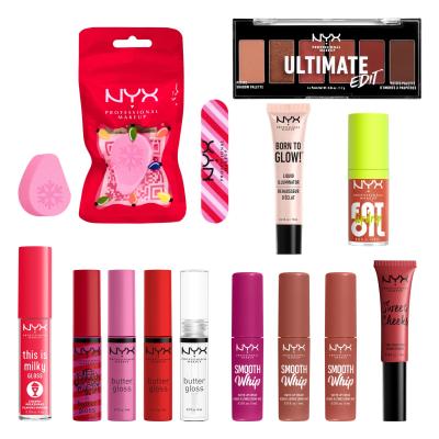 NYX Professional Makeup Fa La La L.A. Land Pull-To-Open Surprise Makeup Box Ajándékcsomagok szájfény 5 db + rúzs 3 db + pirosító 1 db + ajakolaj 1 db + highlighter 1 db + szemhéjfesték + sminkszivacs 1 db + körömreszelő 1 db