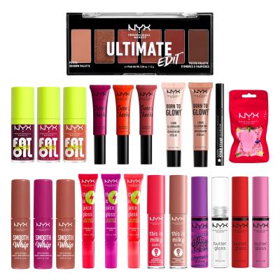 NYX Professional Makeup Fa La La L.A. Land 24 Full-Size Piece Makeup Surprise Box Ajándékcsomagok szájfény 9 db + rúzs 3 ks + ajakolaj 3 db + pirosító 3 db + highlighter 2 db + arc- és testpecsét 1 db + sminkszivacs 1 db + szemhéjfesték paletta