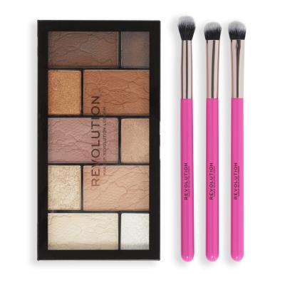 Makeup Revolution London Shimmer Glam Eye Gift Set Ajándékcsomagok Reloaded Dimension Eyeshadow Palette szemhéjfesték paletta 27 g Neutral Charm+ sminkecset szemhéjfestékhez 3 db