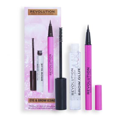 Makeup Revolution London Eye &amp; Brow Icons Gift Set Ajándékcsomagok Brow Glue szemöldökformázó gél 3 ml+ Liquid Liner szemhéjtus 0,5 ml