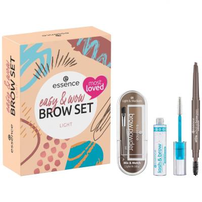 Essence Easy &amp; Wow Brow Set Ajándékcsomagok What A Brow Pen Waterproof szemöldökceruza 0,2 g 01 Light Brown + Lash &amp; Brow Gel Mascara géles szemöldökspirál 9 ml + Brow Powder szemöldökpúder 2,3 g 01 Light &amp; Medium