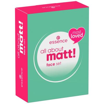 Essence All About Matt! Face Set Ajándékcsomagok All About Matt! Fixing Compact Powder kompakt fixáló púder  8 g + Instant Matt Make-Up Setting Spray sminkfixáló spray 50 ml + All About Matt! Oil Control Paper mattító papír 50 db