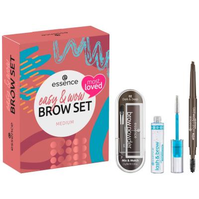 Essence Easy &amp; Wow Brow Set Ajándékcsomagok What A Brow Pen Waterproof szemöldökceruza 0,2 g 03 Dark Brown + Lash &amp; Brow Gel Mascara géles szemöldökspirál 9 ml + Brow Powder szemöldökpúder 2,3 g 02 Dark &amp; Deep