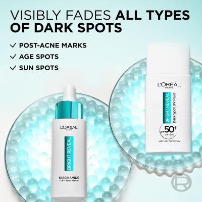 L&#039;Oréal Paris Bright Reveal Dark Spot UV Fluid SPF50+ Ajándékcsomagok Bright Reveal Dark Spot UV Fluid SPF50 nappali fluid arcra 50 ml + Bright Reveal Niacinamide Dark Spot Serum arcszérum 30 ml