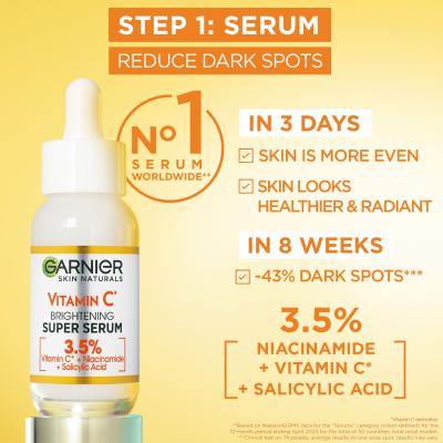 Garnier Skin Naturals Vitamin C Ajándékcsomagok Skin Naturals Vitamin C Brightening Super Serum nappali arcszérum 30 ml + fluid Skin Naturals Vitamin C Daily UV Invisible SPF50 nappali fluid arcra 40 ml