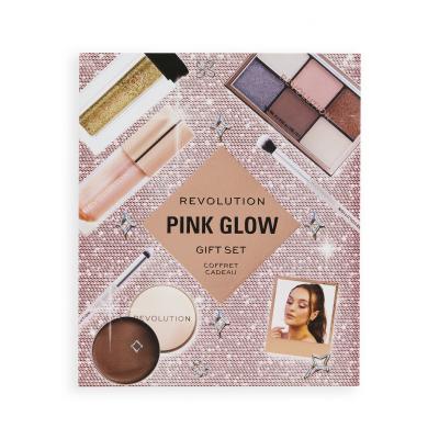 Makeup Revolution London Pink Glow Gift Set Ajándékcsomagok Mini Reloaded Palette szemhéjfesték paletta 4,2 g + Shimmer Bomb szájfény 4,5 ml Glimmer Nude + Viva Loose Body Glitter csillámok 3 g Partaay Gold + Balm Glow multifunkciós balzsam arccsontra, szemre éa ajakra 8,2 g Natural Nude + sminksziv