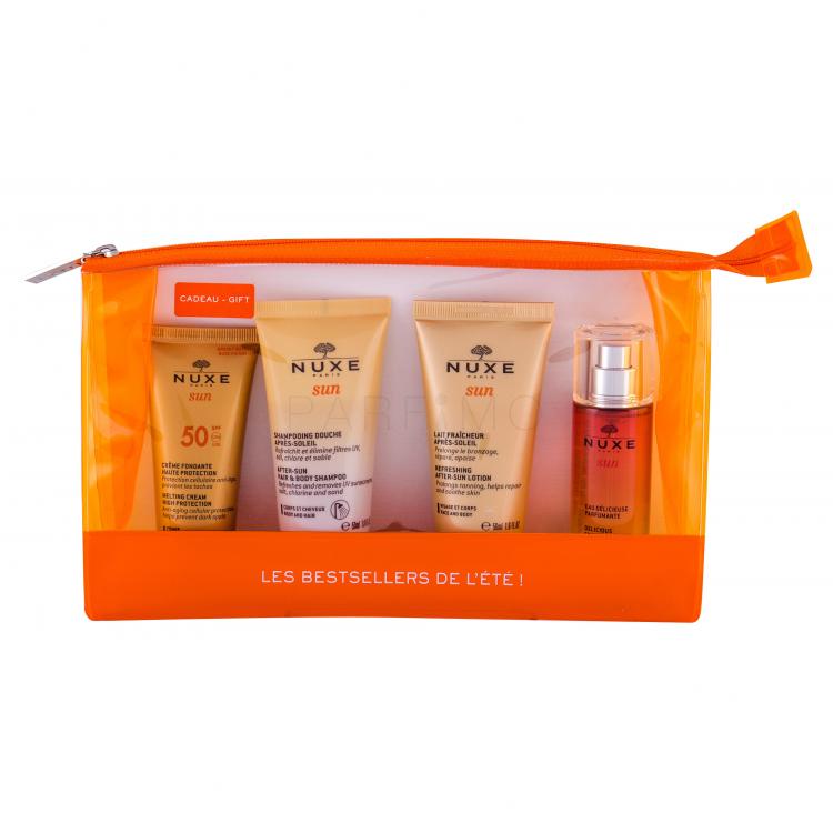 NUXE Sun Melting Cream SPF50 Travel Set Ajándékcsomagok napozókrém 30 ml + After-Sun napozás utáni sampon 50 ml + After-Sun napozás utáni testápoló tej 50 ml + Sun testpermet 30 ml + kozmetikai táska