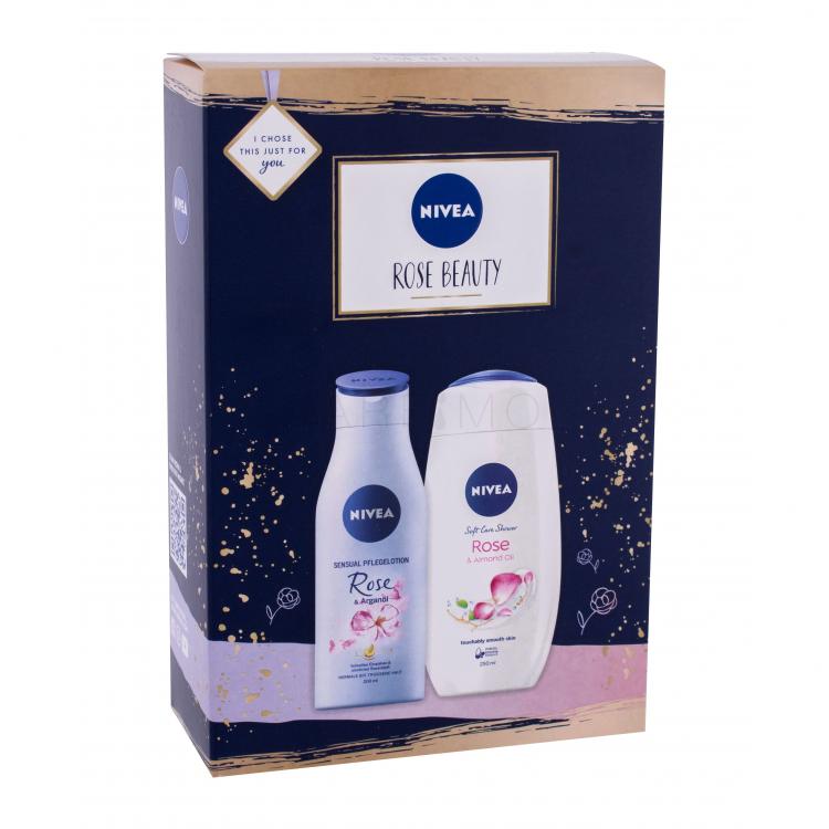 Nivea Rose &amp; Argan Oil Ajándékcsomagok Rose &amp; Argan Oil olajos testápoló tej 200 ml + Rose &amp; Almond Oil tusfürdő 250 ml