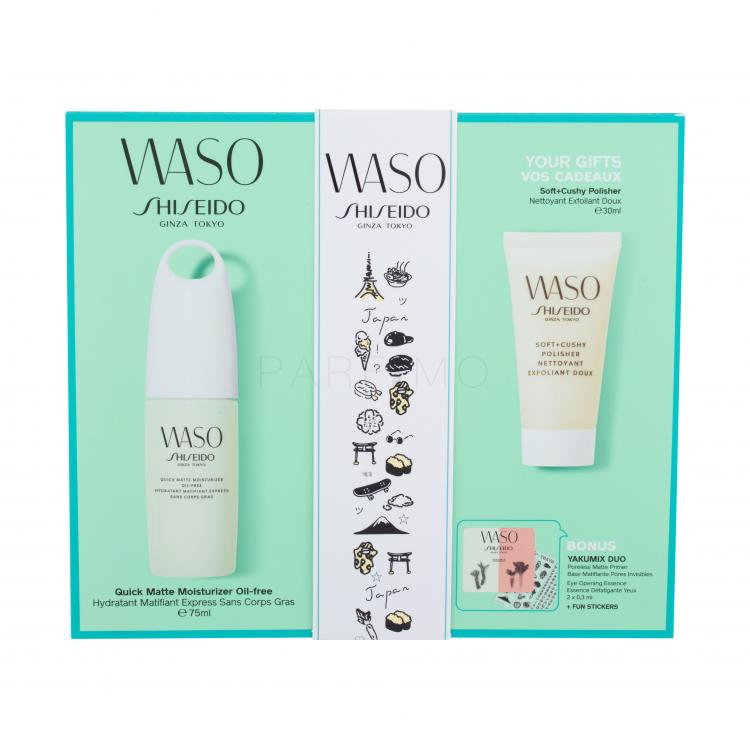 Shiseido Waso Quick Matte Moisturizer Ajándékcsomagok Waso Quick Matte Moisturizer Oil-Free nappali arcápoló 75 ml + Waso Soft+Cushy Polisher arcradír 30 ml + Waso Eye Opening Essence szemszérum 0,3 ml + Waso Poreless Matte Primer primer 0,3 ml