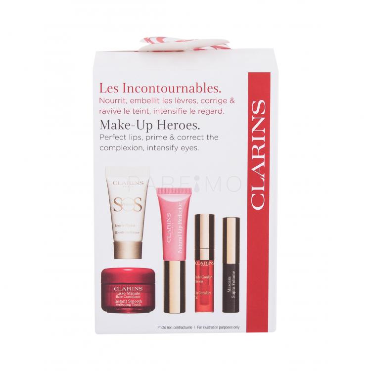 Clarins Make-up Heroes Ajándékcsomagok Supra Volume  szempillaspirál 3,5 ml + Instant Smooth Perfecting Touch primer 4 ml + Lip Comfort Oil ajakolaj 2,8 ml 03 Red Berry + Natural Lip Perfector szájfény 5 ml 01 Rose Shimmer + SOS Primer primer 5 ml 00 Universal Light