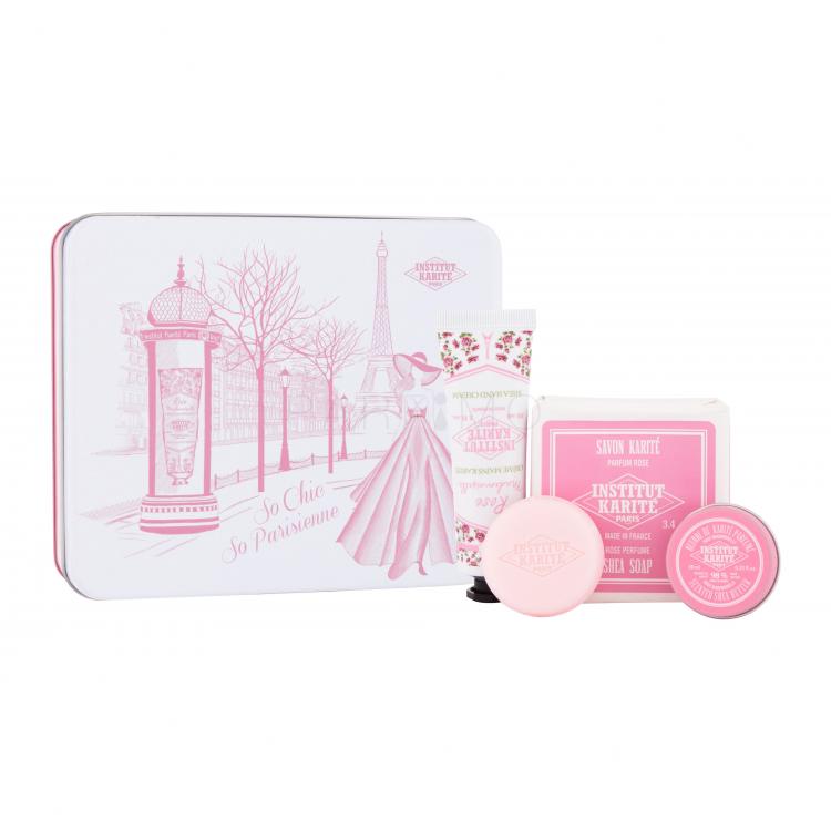 Institut Karité Light Hand Cream Rose Mademoiselle Ajándékcsomagok Light Hand Cream Rose Mademoiselle kézkrém 30 ml + Shea Soap Rose Mademoiselle szilárd szappan 100 g + Shea Soap Rose Mademoiselle szilárd szappan 1 db + Scented Shea Butter Rose Mademoiselle univerzális testvaj 10 ml + fémdoboz