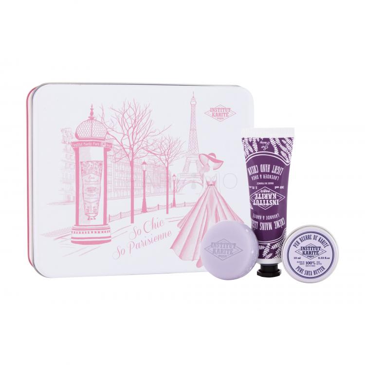 Institut Karité Light Hand Cream Lavender &amp; Shea Ajándékcsomagok Light Hand Cream Lavender &amp; Shea kézkrém 30 ml + Shea Soap Lavender szilárd szappan 1 db + Pure Shea Butter univerzális testvaj 10 ml + fémdoboz