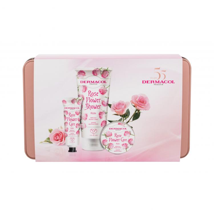 Dermacol Rose Flower Ajándékcsomagok Rose Flower tusfürdő 200 ml + Rose Flower kézkrém 30 ml + Rose Flower testápoló vaj 75 ml + fémdoboz