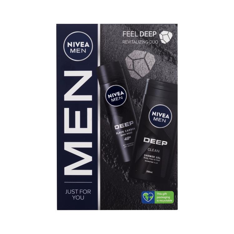 Nivea Men Deep Revitalizing Duo Ajándékcsomagok Deep Clean tusfürdő 250 ml + Deep Black Carbon izzadásgátló spray 150 ml