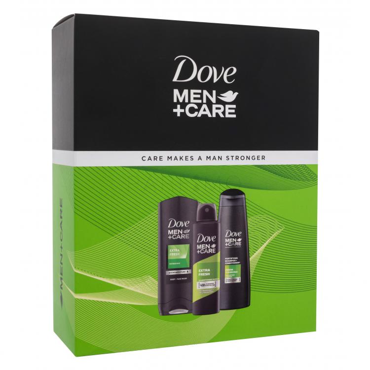 Dove Men + Care Extra Fresh Care Makes A Man Stronger Ajándékcsomagok Men+Care Extra Fresh tusfürdő 250 ml + Men+Care Extra Fresh izzadásgátló 150 ml + Men+Care Fresh sampon 250 ml