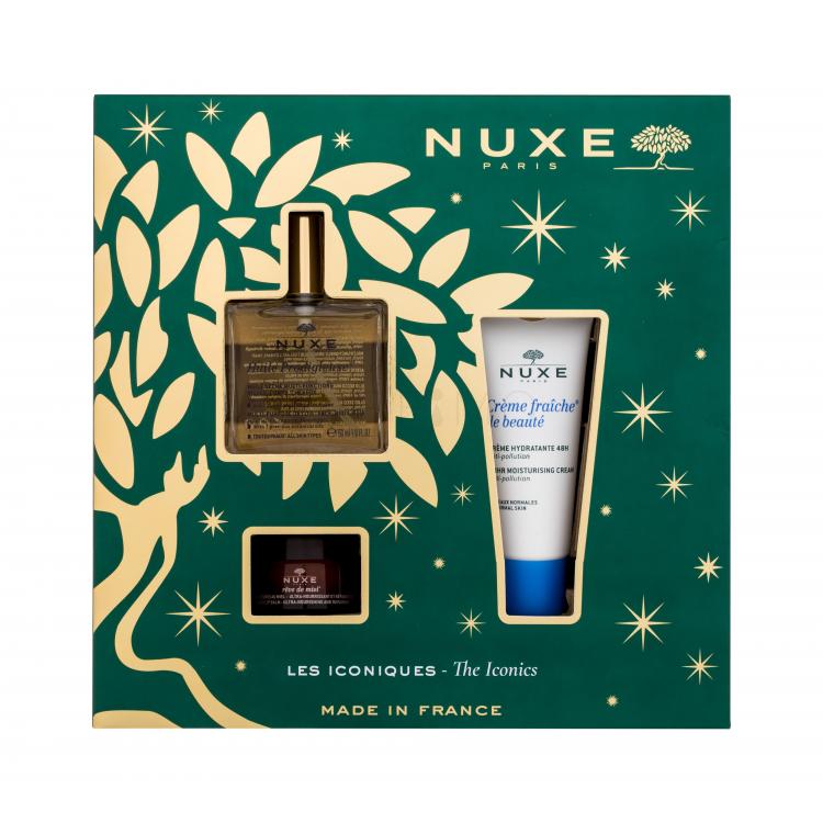 NUXE The Iconics Ajándékcsomagok Huile Prodigieuse szárazolaj 50 ml + Créme Fraiche de Beauté nappali arckrém 30 ml + Reve de Miel Honey ajakbalzsam 15 g