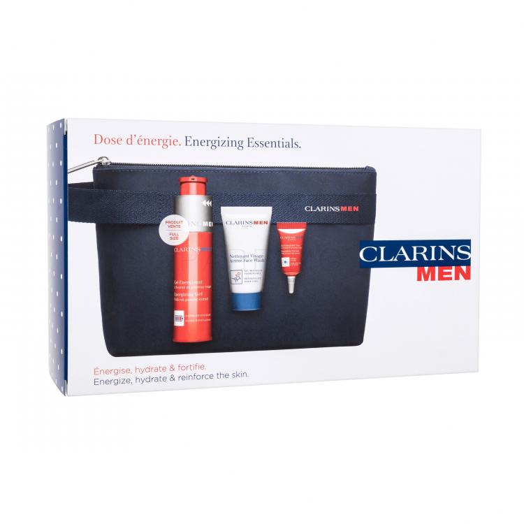 Clarins Men Energizing Essentials Ajándékcsomagok Energizing Gel arcgél 50 ml + Active Face Wash arclemosó gél 30 ml + Energizing Eye Gel szemkörnyékápoló gél 3 ml + kozmetikai táska