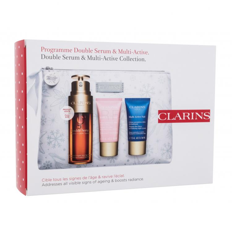 Clarins Double Serum Ajándékcsomagok Double Serum arcszérum 50 ml + Multi-Active Day nappali arckrém 15 ml + Multi-Active Night éjszakai arckrém 15 ml + kozmetikai táska