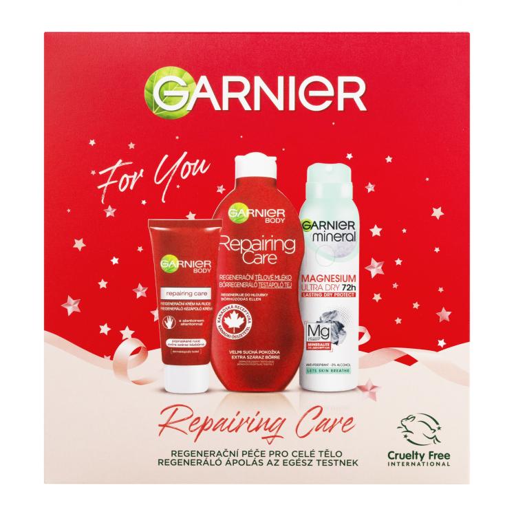 Garnier Repairing Care Gift Set Ajándékcsomagok Repairing Care testápoló tej 400 ml + Intensive Care Repairing Hand Cream kézkrém 100 ml + Mineral Magnesium Ultra Dry 72h dezodor 150 ml