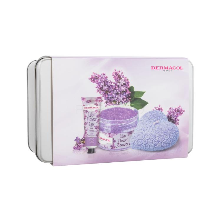 Dermacol Lilac Flower Shower Body Scrub Ajándékcsomagok Lilac Flower Shower testradír 200 g + Lilac Flower Care kézkrém 30 ml + illatgyertya + fémdoboz