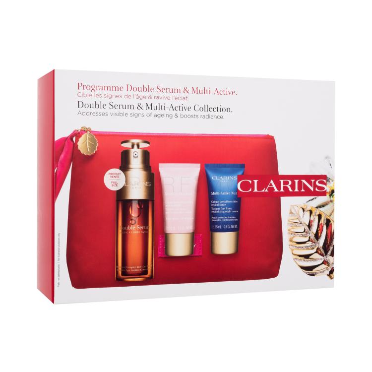 Clarins Double Serum Ajándékcsomagok Double Serum arcszérum 50 ml + Multi-Active Day nappali arckrém 15 ml + Multi-Active Night éjszakai arckrém 15 ml + kozmetikai táska