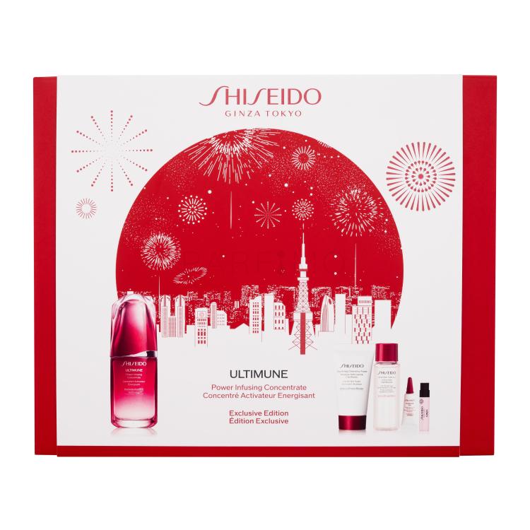 Shiseido Ultimune Power Infusing Concentrate Exclusive Edition Ajándékcsomagok Ultimune Power Infusing Concentrate arcszérum 50 ml + Clarifying Cleansing Foam arctisztító hab 30 ml + Treatment Softener arclemosó 30 ml + Ultimune Power Infusing Eye Concentrate arcszérum 3 ml + Ginza Eau de Parfum 0,8