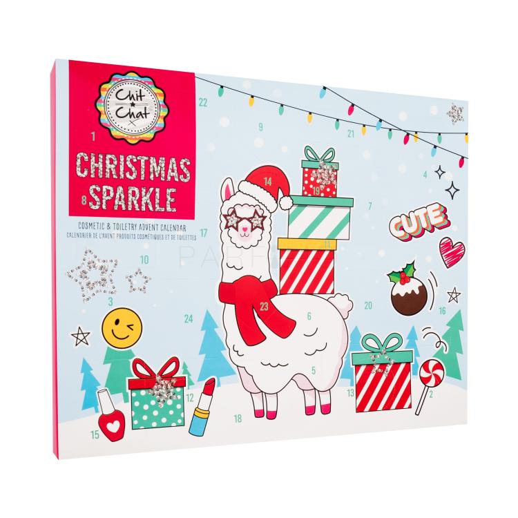 Technic Chit Chat Christmas Sparkle Advent Calendar Ajándékcsomagok tusfürdő 1 db + fürdőhab 1 db + szilárd szappan 2 db + fürdőbomba 2 db + fürdősó 1 db + fürdőszivacs + körömlakk 3 db + szemhéjfesték 3 db + rúzs 1 db + szájfény 2 db + ajakbalzsam 1 db + körömreszelő + körömmatrica + kistükör + haj