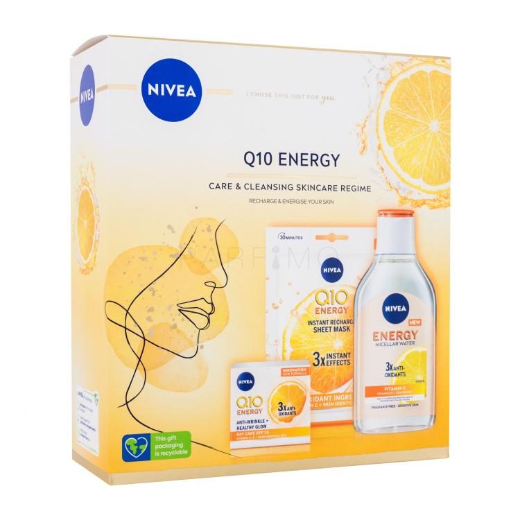 Nivea Q10 Energy Gift Set Ajándékcsomagok Q10 Energy nappali arckrém 50 ml + Q10 Energy micellás víz 400 ml + Q10 Energy fátyolmaszk 1 db sérült doboz