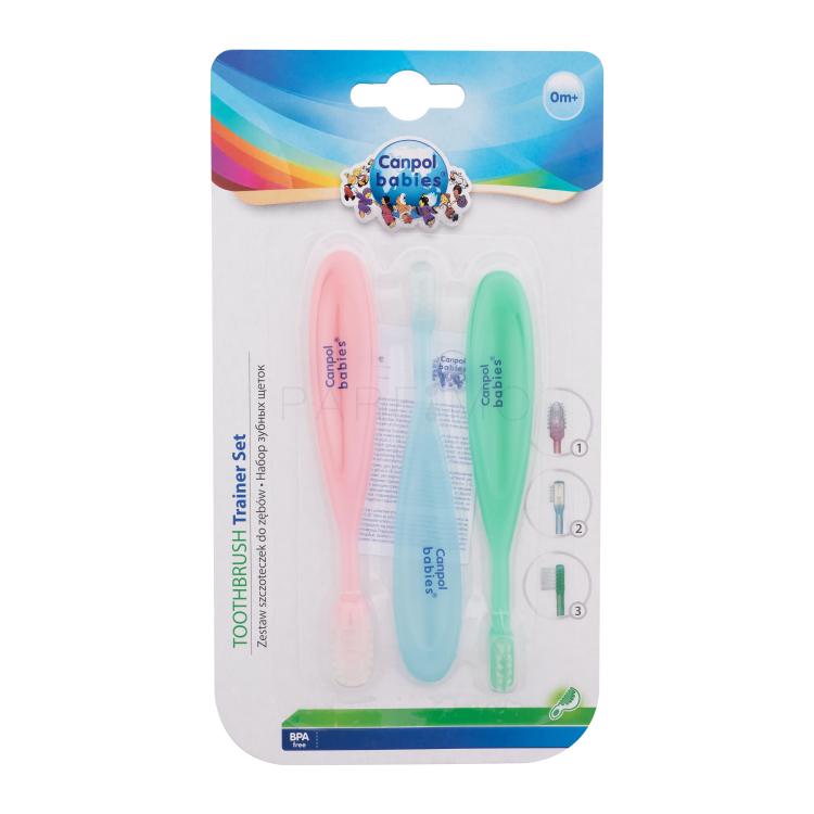 Canpol babies Baby Toothbrush Trainer Set Ajándékcsomagok masszázskefe 1 db + gumifogkefe az első fogak tisztítására 1 db + fogkefe 1 db