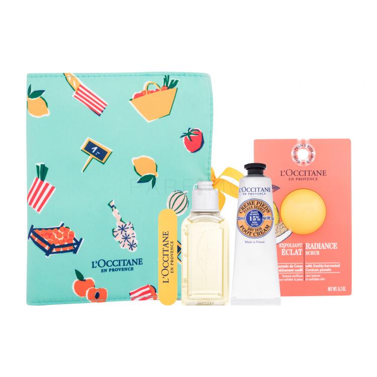 L&#039;Occitane Sweet Moment Ajándékcsomagok Verbena Shower tusfürdő Gel 50 ml + Radiance Scrub hámlasztó 6 ml + Shea Butter Foot Cream lábápoló krém 30 ml + kozmetikai táska