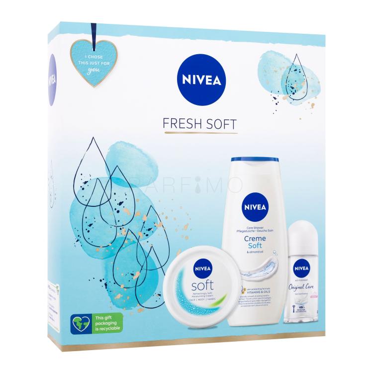 Nivea Feel Soft Ajándékcsomagok Creme Soft tusfürdő 250 ml + Original Natural golyós izzadásgátló 50 ml + Soft hidratálókrém 100 ml sérült doboz