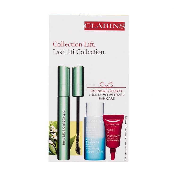 Clarins Supra Lift &amp; Curl Ajándékcsomagok Supra Lift &amp; Curl Mascara szempillaspirál 8 ml + Instant Eye Make-Up Remover sminklemosó szemre 30 ml + Total Eye Lift szemkörnyékápoló krém 3 ml