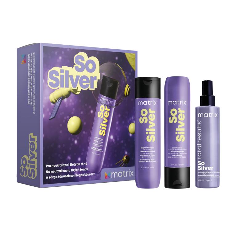 Matrix So Silver Ajándékcsomagok So Silver Purple Shampoo sampon 300 ml + So Silver Conditioner hajkondicionáló 300 ml + So Silver Neutralizing Dyes öblítést nem igénylő hajápoló 200 ml