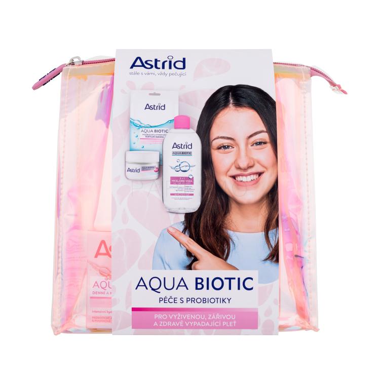 Astrid Aqua Biotic Ajándékcsomagok Aqua Biotic Day And Night Cream nappali és éjszakai arckrém 50 ml + Aqua Biotic 3in1 Micellar Water micellás víz 400 ml + Aqua Biotic Anti-Fatigue and Quenching Tissue Mask fátyolmaszk 1 db + kozmetikai táska