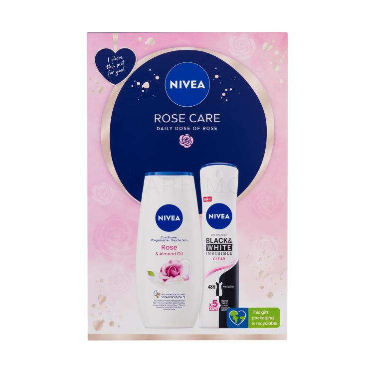 Nivea Rose Care Ajándékcsomagok Rose &amp; Almond Oil tusfürdő 250 ml + Black &amp; White Invisible Clear izzadásgátló 150 ml