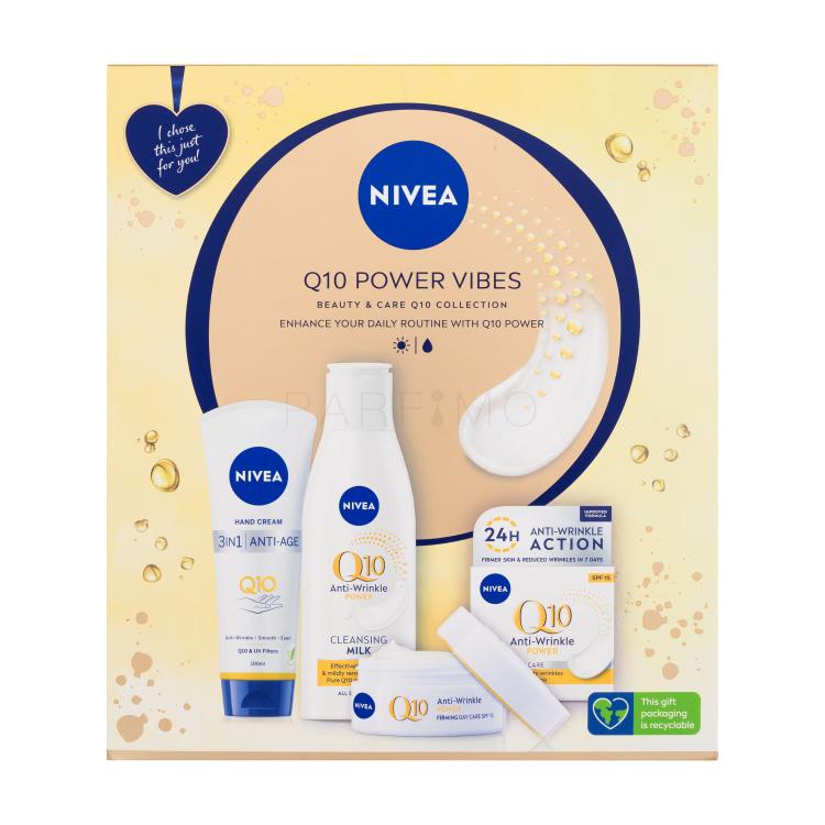 Nivea Q10 Power Vibes Ajándékcsomagok Q10 Anti-Wrinkle Power nappali arckrém 50 ml + Q10 Anti-Wrinkle Power arclemosó tej 200 ml + Q10 Hand Cream kézkrém 100 ml