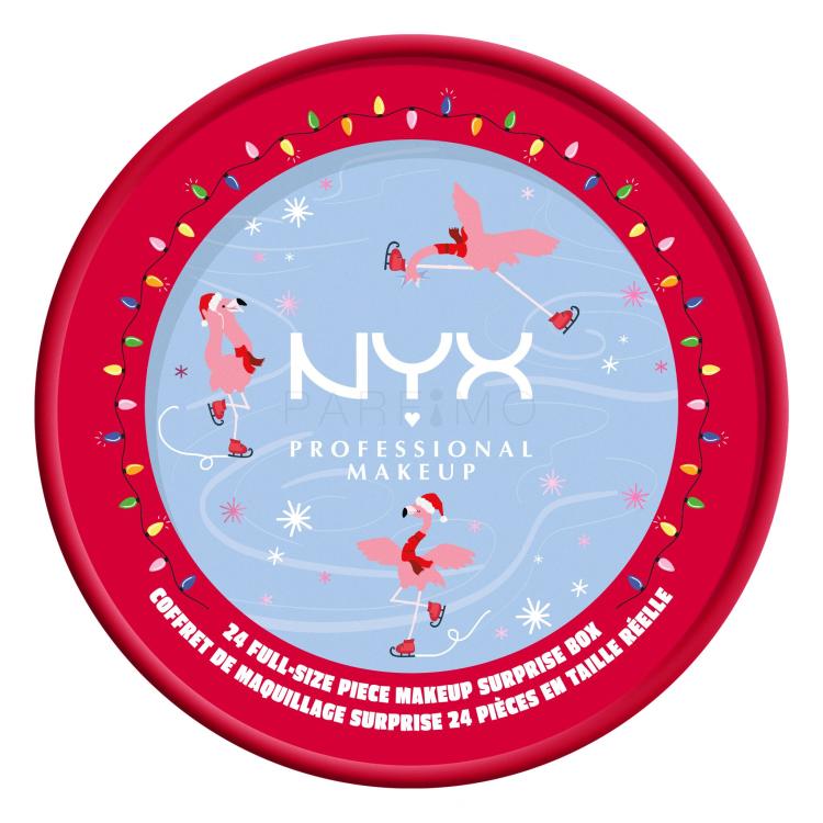 NYX Professional Makeup Fa La La L.A. Land 24 Full-Size Piece Makeup Surprise Box Ajándékcsomagok szájfény 9 db + rúzs 3 ks + ajakolaj 3 db + pirosító 3 db + highlighter 2 db + arc- és testpecsét 1 db + sminkszivacs 1 db + szemhéjfesték paletta