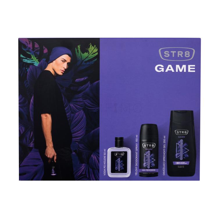 STR8 Game Ajándékcsomagok borotválkozás utáni arcszesz 50 ml + dezodor 150 ml + tusfürdő 250 ml sérült doboz