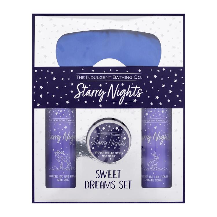 The Indulgent Bathing Co. Starry Nights Sweet Dreams Set Ajándékcsomagok Lavender And Lime Flower Shower Cream krémtusfürdő 300 ml + Lavender And Lime Flower Bath Milk fürdőtej 300 ml + Lavender And Lime Flower Body Butter testvaj 100 ml + Satin Sleep Mask alvómaszk 1 db