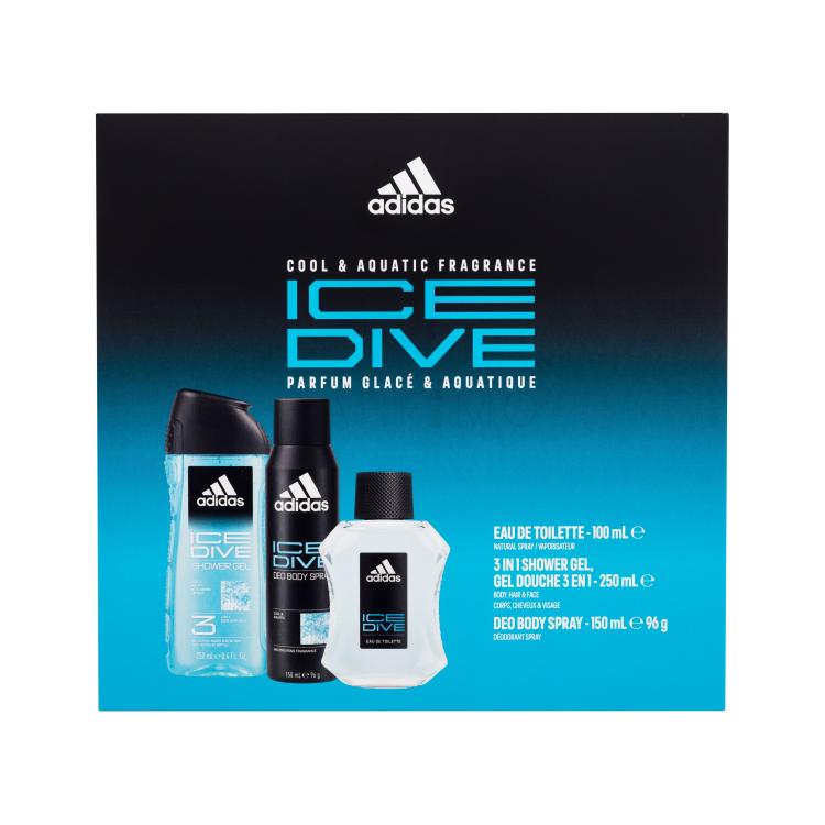 Adidas Ice Dive Ajándékcsomagok eau de toilette 100 ml + dezodor 150 ml + tusfürdő 250 ml sérült doboz